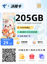 仅需29元，畅享175G通用流量+30G定向流量，还有100分钟通话时长
